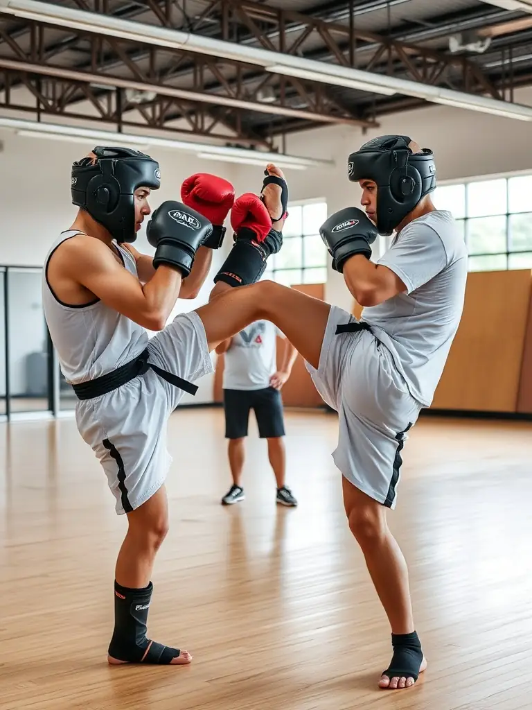 A sparring session between two Savate practitioners, showcasing controlled aggression and strategic movements in a safe environment.