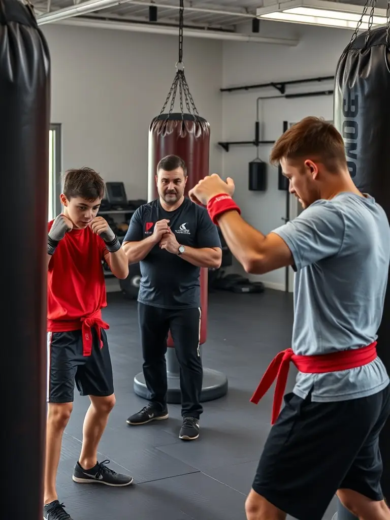 A group of Savate students practicing striking techniques on punching bags under the guidance of an experienced coach.