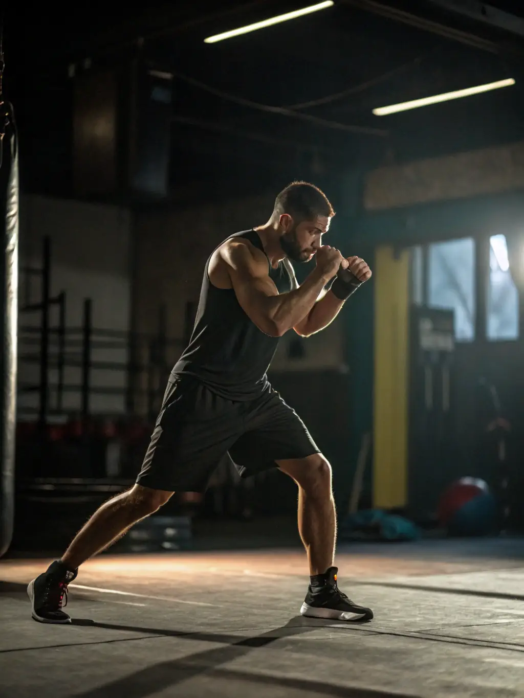 A focused image of a Savate practitioner executing a precise footwork drill during a training session at SAVATE CLUB D'ANGOULEME.