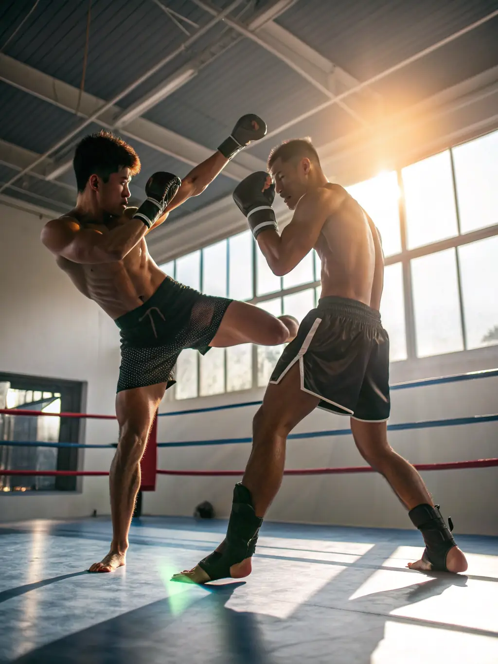 An image of advanced Savate practitioners sparring in a controlled environment, showcasing complex combinations and strategic movements.