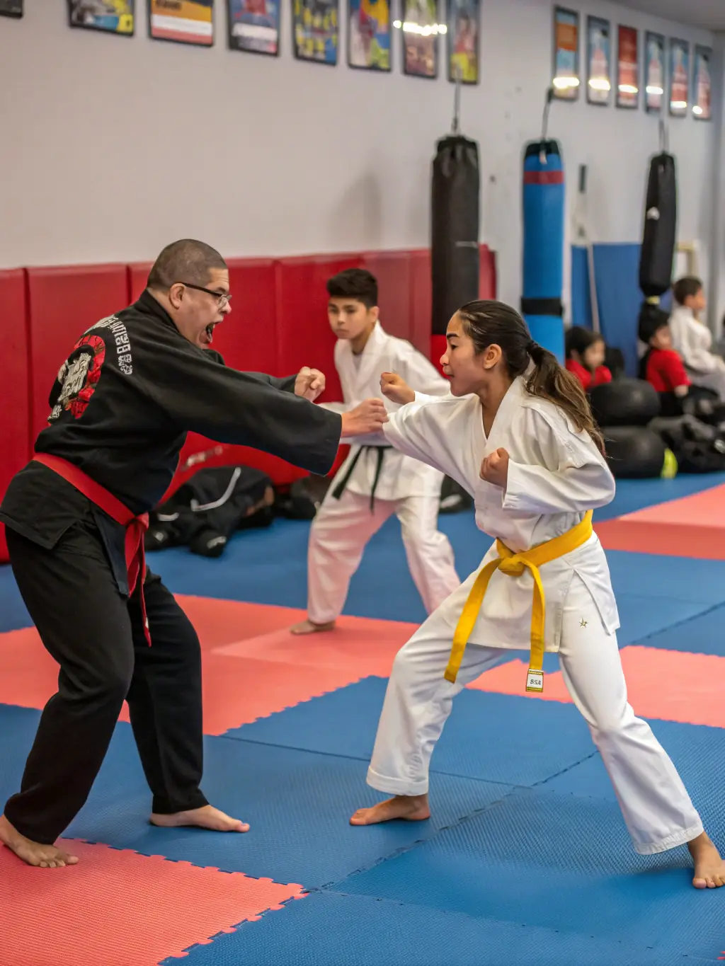 A high-action shot of a Savate class in progress, focusing on footwork and kicking techniques, with diverse participants and the instructor demonstrating a move.