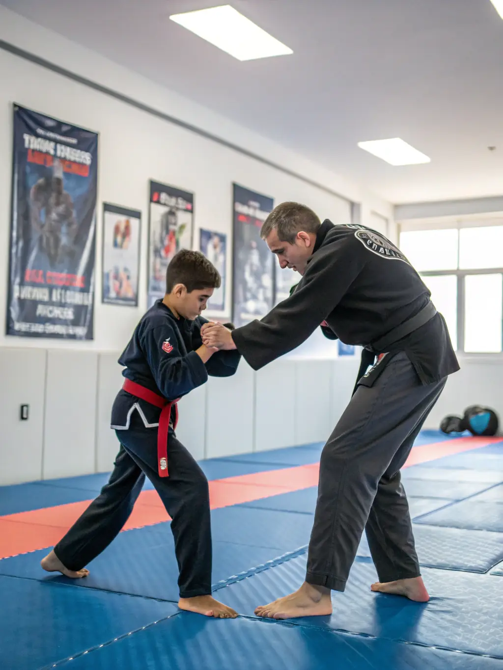 A photo of a beginner's Savate class in session, focusing on basic footwork drills, with the instructor demonstrating the correct stance and movement.