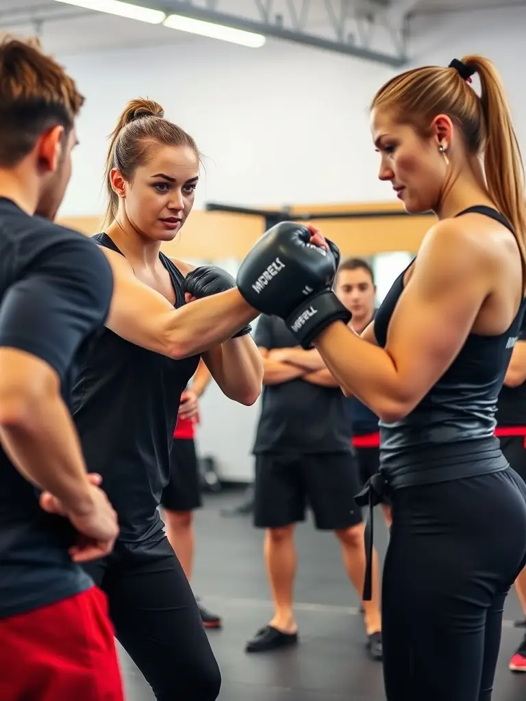 A focused image of a Savate Club d'Angouleme instructor demonstrating a specific Savate technique to a group of attentive students.