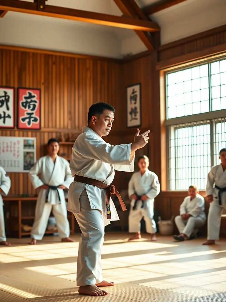 A high-action shot of a Savate instructor demonstrating a footwork technique during a training session, with students attentively watching in the background.