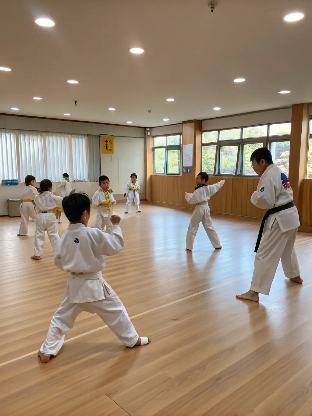 Image of children participating in a Savate initiation class, showing them learning basic stances and movements with protective gear.
