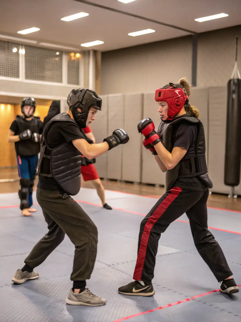 A group of Savate Club d'Angouleme members sparring under the supervision of a coach, emphasizing controlled and safe practice.