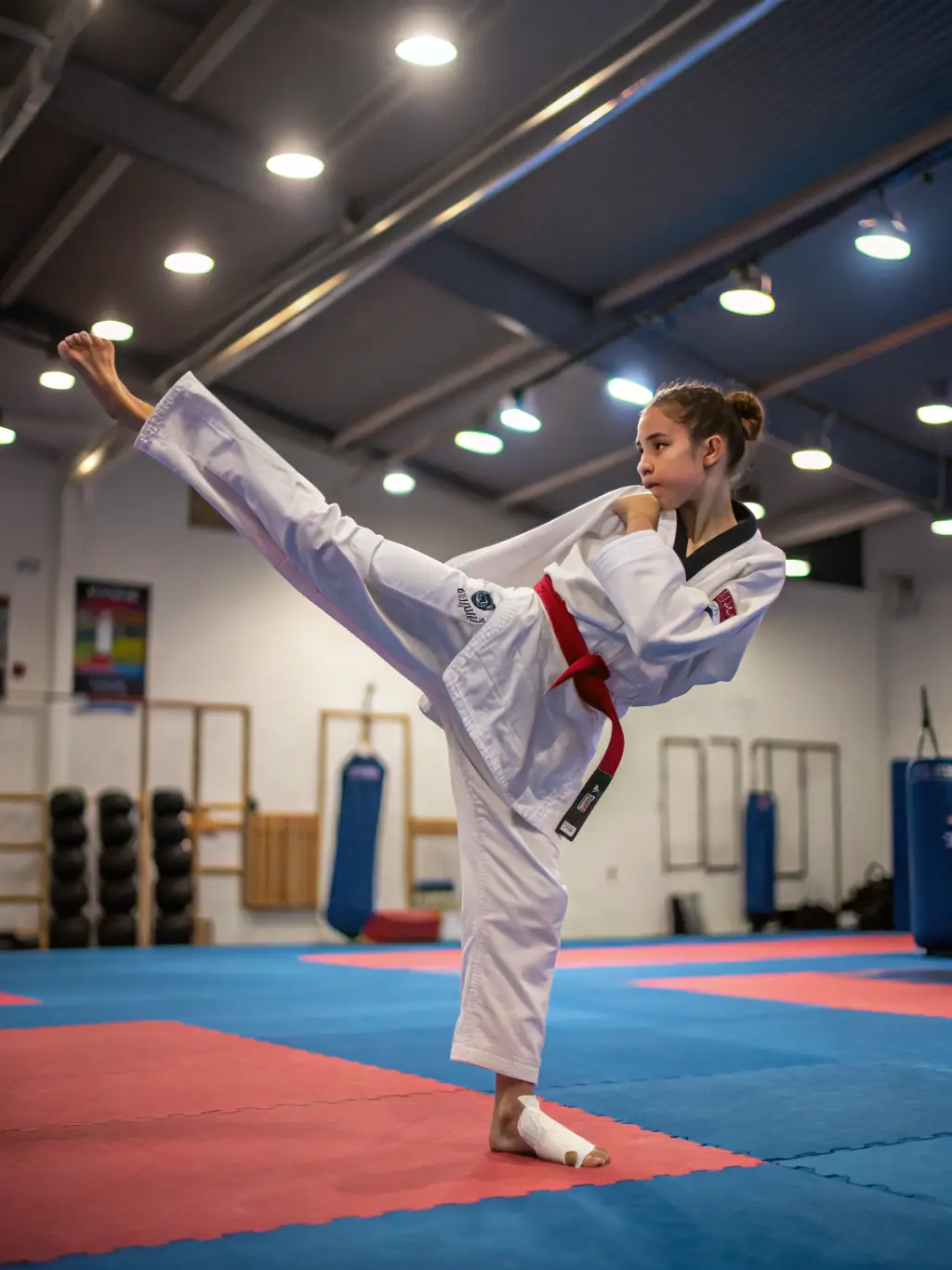 A determined Savate student practicing a high kick under the guidance of an instructor at SAVATE CLUB D'ANGOULEME.