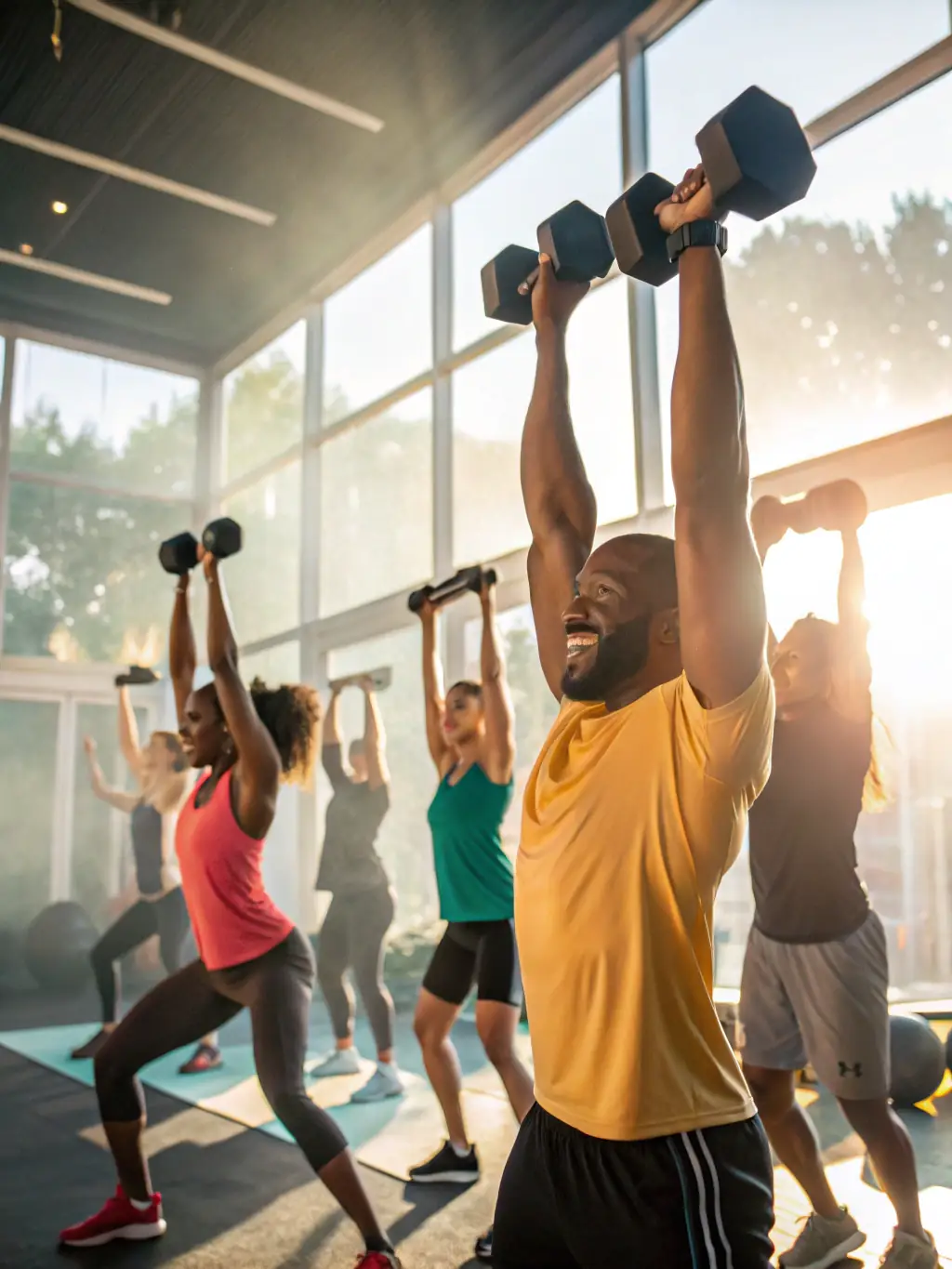 A vibrant photo of Savate Club d'Angouleme members participating in a fitness conditioning exercise, highlighting strength and endurance.