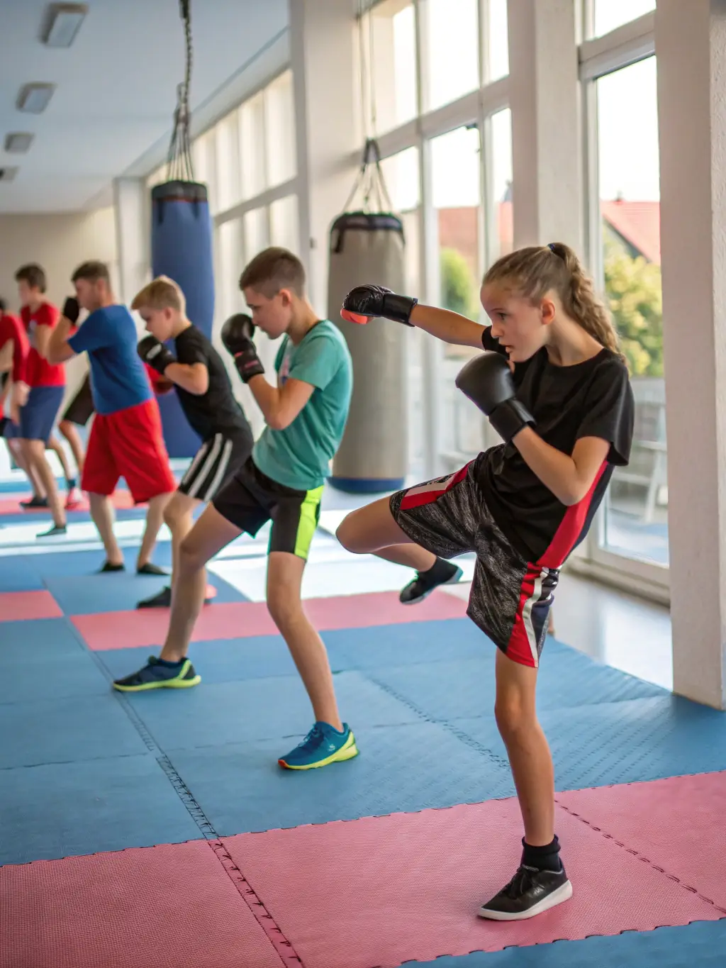 A group of diverse students at SAVATE CLUB D'ANGOULEME engaged in a sparring session, showcasing discipline and control.